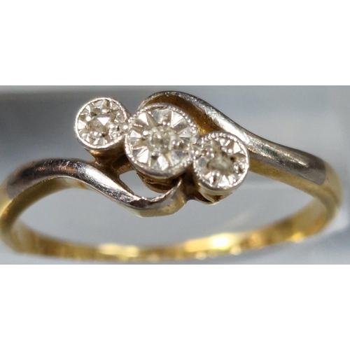 185 - 18ct gold platinum and diamond three stone twist shank ring. 2.5g approx. Ring size M. (B.P. 21% + V... 