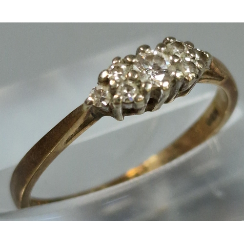 186 - 9ct gold diamond seven stone ring. 1.2g approx. Ring size K 1/2. (B.P. 21% + VAT)