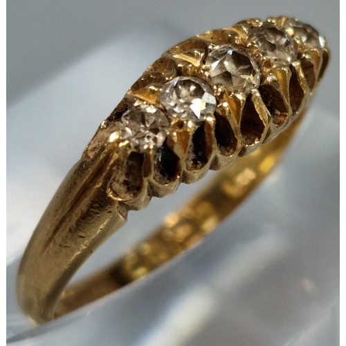 189 - 18ct gold diamond five stone ring. 3.5g approx. Ring size K 1/2. (B.P. 21% + VAT)