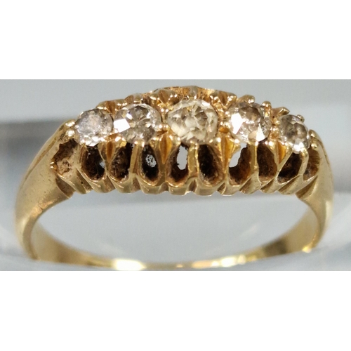 189 - 18ct gold diamond five stone ring. 3.5g approx. Ring size K 1/2. (B.P. 21% + VAT)