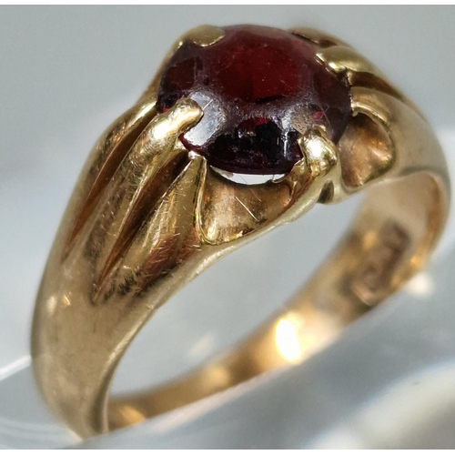 191 - 9ct gold and red stone dress ring. 3g approx. Ring size F. (B.P. 21% + VAT)