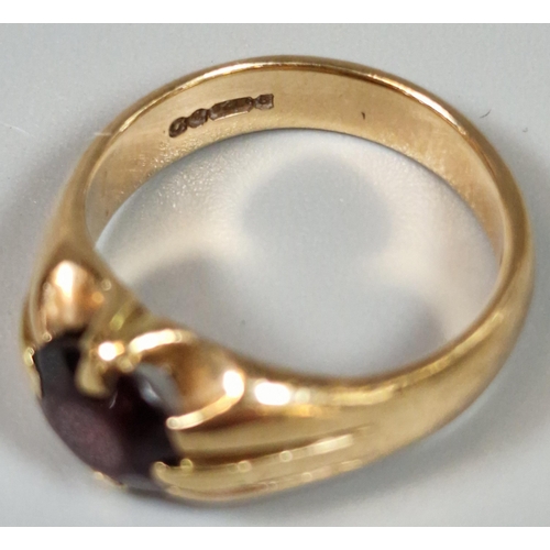 191 - 9ct gold and red stone dress ring. 3g approx. Ring size F. (B.P. 21% + VAT)