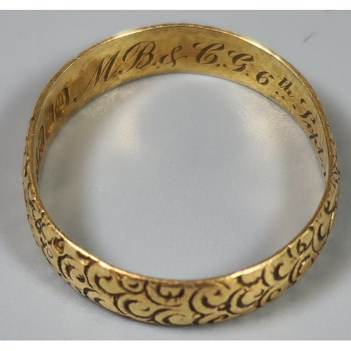 192 - 18ct gold engraved wedding band. 1.8g approx. Ring size L 1/2. (B.P. 21% + VAT)