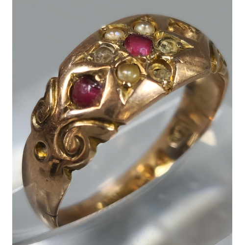 196 - 9ct gold pearl and red stone dress ring (missing stones). 2.7g approx. Size L 1/2. (B.P. 21% + VAT)