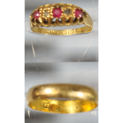 200 - Yellow metal wedding band. 1.8g approx. Ring size J 1/2. Together with an 18ct diamond and ruby ring... 