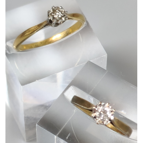 201 - 18ct gold diamond solitaire ring. 2.5g approx. Ring size O. Together with a 9ct gold diamond solitai... 