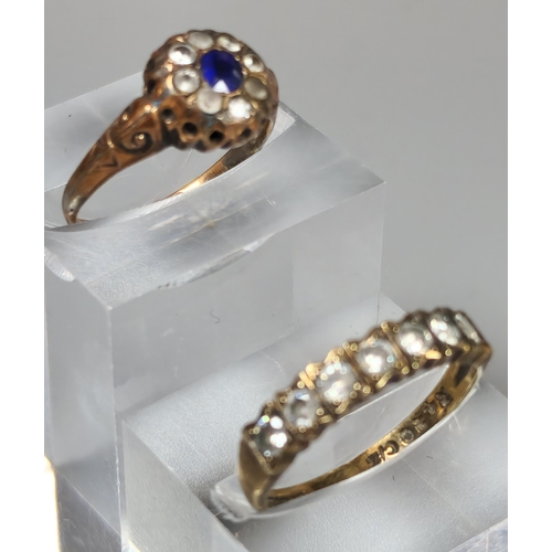 202 - Two 9ct gold dress rings with blue and clear stones. 3.4g approx. Ring sizes L and O 1/2. (2) (B.P. ... 