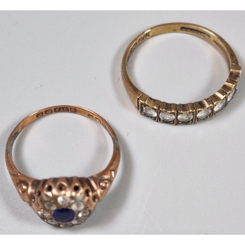 202 - Two 9ct gold dress rings with blue and clear stones. 3.4g approx. Ring sizes L and O 1/2. (2) (B.P. ... 