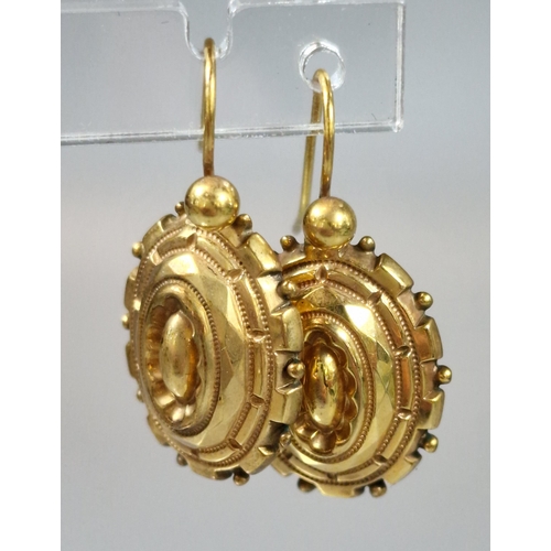 204 - Pair of Victorian design 9ct gold earrings. 2.2g approx. Together with a yellow metal foliate blue s... 