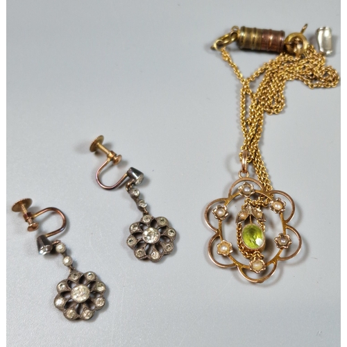 219 - 9ct gold pearl and peridot pendant on plated chain together with a pair of flowerhead paste earrings... 