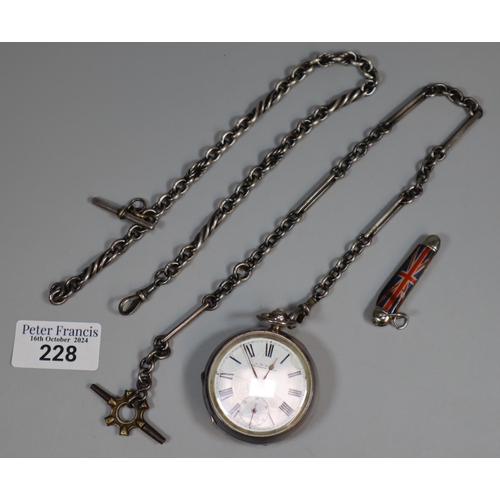 228 - Silver open-faced pocket watch by Waltham on a silver Albert chain with key. Together with another s... 