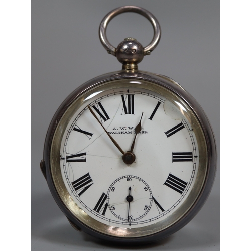 228 - Silver open-faced pocket watch by Waltham on a silver Albert chain with key. Together with another s... 