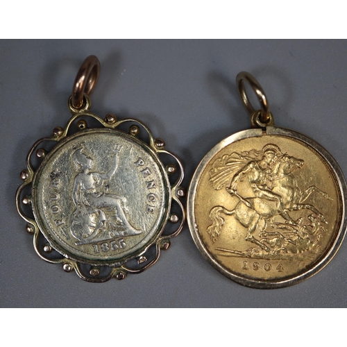 229 - Edward VII gold half sovereign dated 1904 in 9ct pendant mount. 5g approx. Together with a Victorian... 