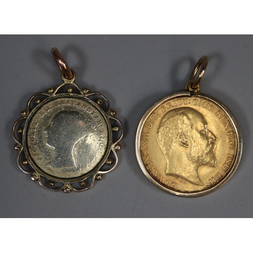 229 - Edward VII gold half sovereign dated 1904 in 9ct pendant mount. 5g approx. Together with a Victorian... 