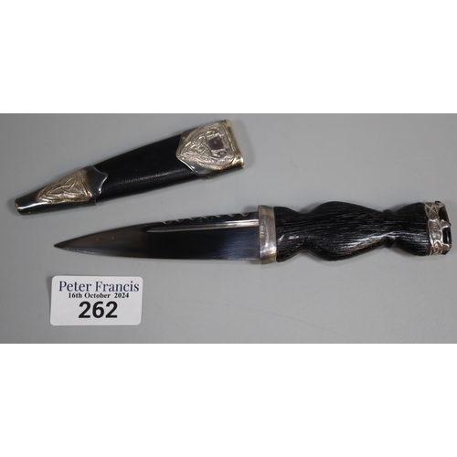 262 - Edinburgh silver-mounted Sgian Dubh with basket weave decorated grip and crown finial with gem set s... 