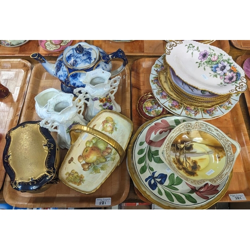 281 - Two trays of assorted ceramics to include: Noritake German vases, Art Nouveau Staffordshire blue and... 