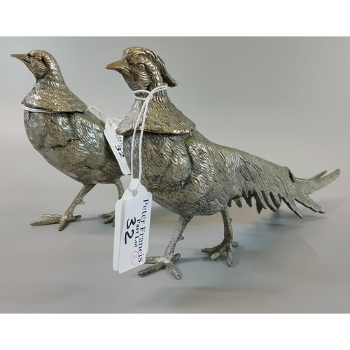 32 - Brace of silver plated pheasants with naturalistic features. (2)  (B.P. 21% + VAT)