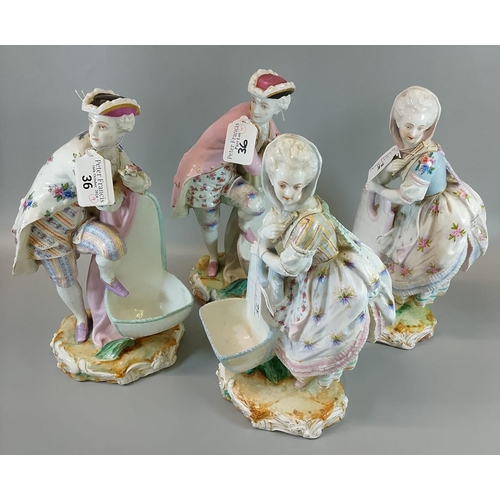 36 - A collection of four Continental porcelain figures in 18th century style, leaning against flower bas... 