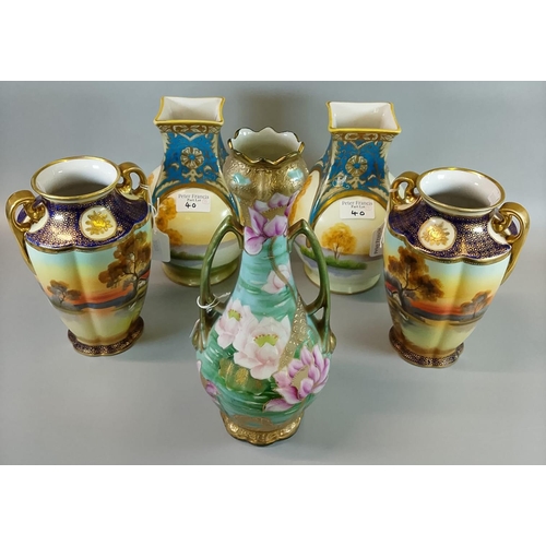 40 - Two pairs of Noritake Japanese porcelain vases both depicting rural scenes, together with another No... 