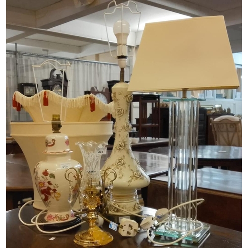 441 - Group of three table lamps with fabric shades together with a brass and glass candle holder lamp. (4... 