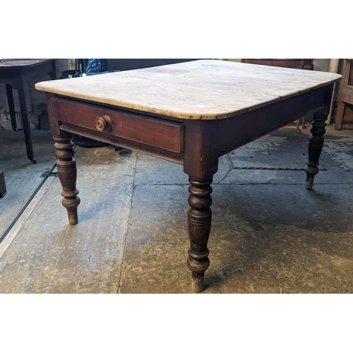 470 - Victorian pine scrub top kitchen table on turned tapering legs. 147 x 103 x 74cm high approx.  (B.P.... 