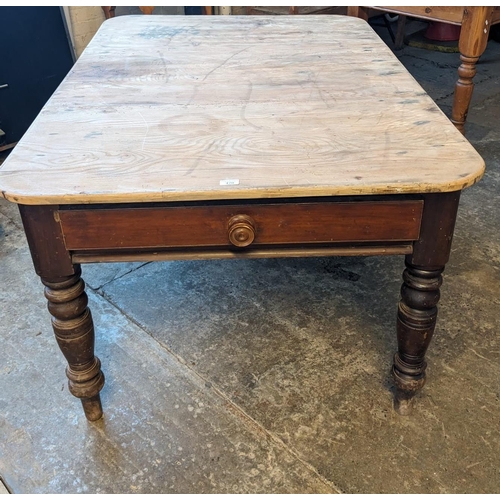 470 - Victorian pine scrub top kitchen table on turned tapering legs. 147 x 103 x 74cm high approx.  (B.P.... 