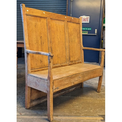 473 - Traditional Welsh Pembrokeshire stripped pine panel back settle or skew with open arms on square leg... 