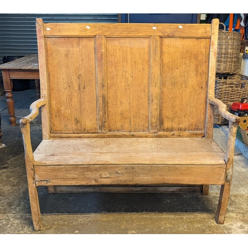 473 - Traditional Welsh Pembrokeshire stripped pine panel back settle or skew with open arms on square leg... 