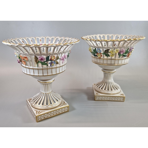 5 - Pair of Dresden German porcelain centre bowls with pierced decoration and relief encrusted floral de... 