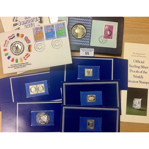 55 - Franklin mint sterling silver Proofs of the worlds greatest stamps (5) plus three silver medallic co... 