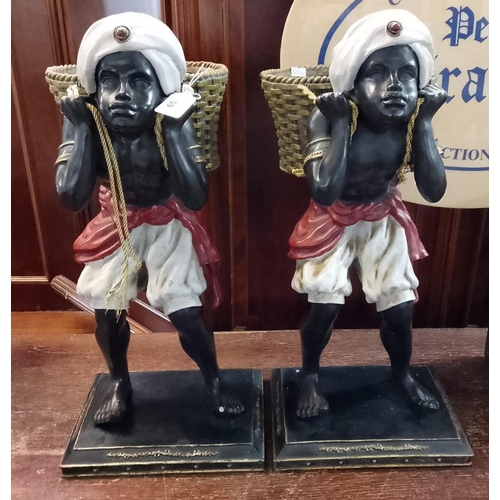 59 - Pair of composition Blackamoor figures crouching and holding baskets on their shoulders. 55cm high a... 