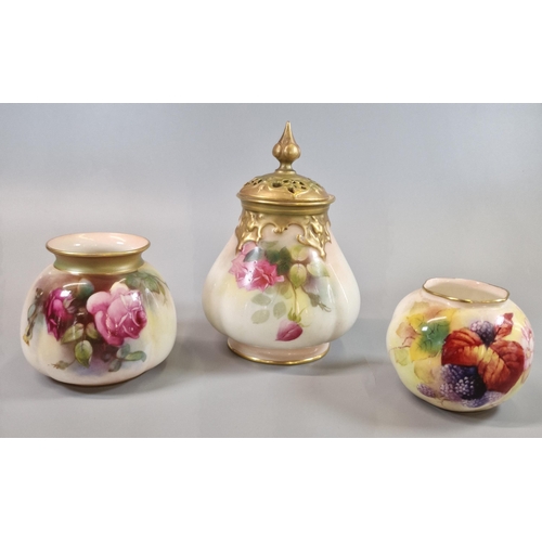 6 - Collection of Royal Worcester porcelain items to include potpourri jar and cover hand-painted with r... 