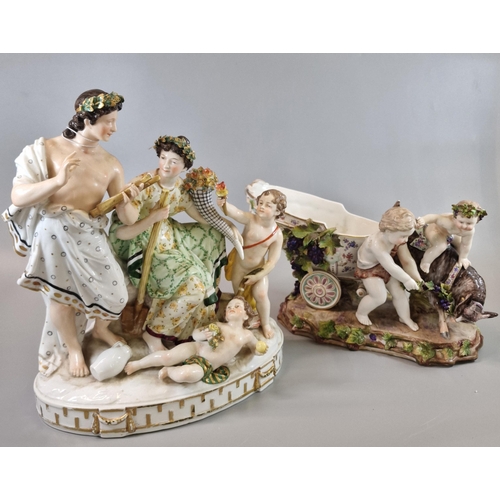 7 - A Continental, probably German, porcelain figure group centrepiece of cherubs and mythical creature ... 