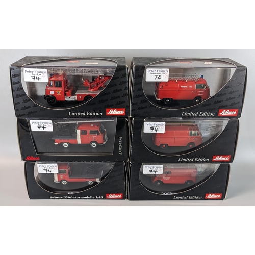 74 - Six Schuco limited edition 1:43 scale diecast fire engine / fire related vehicles all in original bo... 