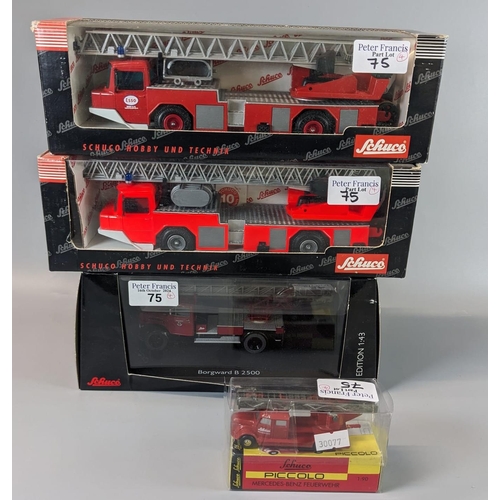 75 - Three Schuco 1:43 scale fire engines in original boxes together with a Schuco Piccolo 1:90 scale Mer... 