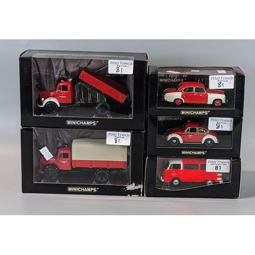 81 - Collection of five Minichamps diecast model vehicles to include VW 1302, VW T2 bus, etc. In original... 