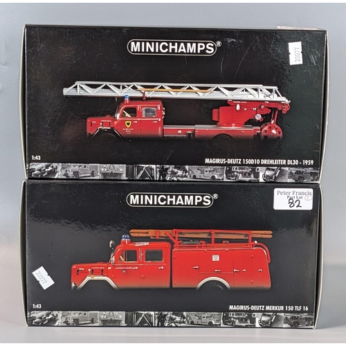 82 - Two Minichamps 1:43 scale diecast model fire related vehicles to include Magirus-Deutz 1959 and 150 ... 