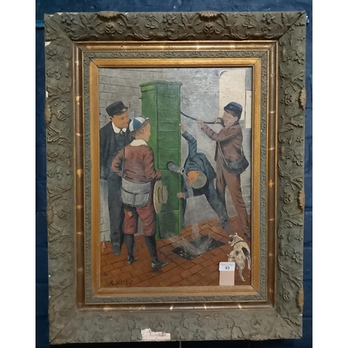 93 - A. Hols, (19th / 20th century), 'Boys Around The Village Pump', signed. Oils on canvas. 56 x 41cm ap... 