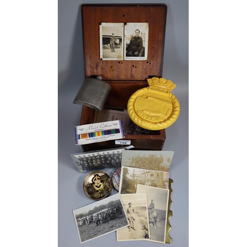 158 - Wooden box containing military interest to include: military cap badges, buttons, pewter hip flask, ... 