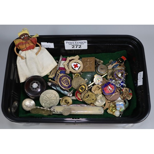 272 - Plastic tub of oddments to include: wire African doll, penknife, silver Masonic ribbon and medal hol... 