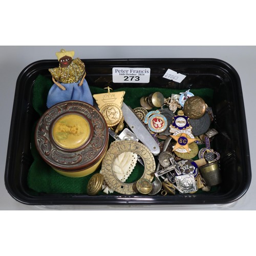 273 - Plastic tub of oddments to include: wire African doll, penknife, mother of pearl Chinese gaming coun... 