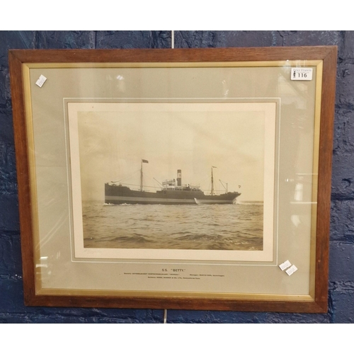 116 - Framed photograph of the Danish Merchant Marine Vessel SS Betty, torpedoed and sunk 26th May 1915 by... 