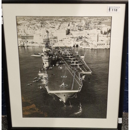 118 - Framed black and white photograph, Aircraft Carrier HMS Eagle moored in Valetta Harbour, Malta, with... 