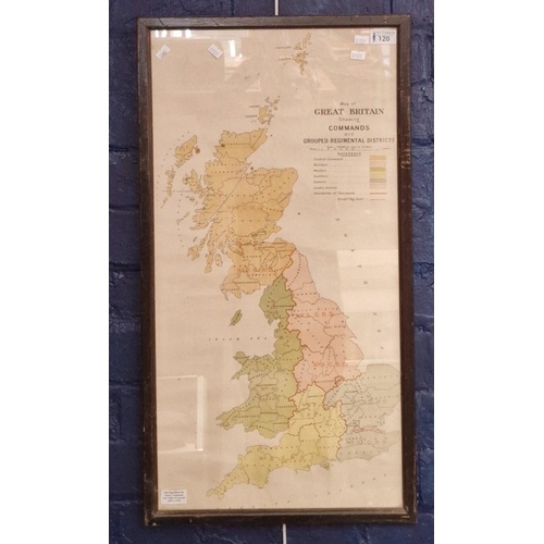 120 - Map of Great Britain showing Commands and Grouped Military Regimental Districts, 1905-1935. 70x36cm ... 