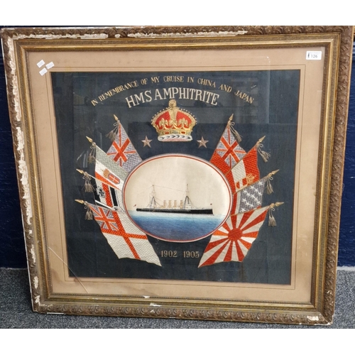 126 - Royal Navy pre WWI needle point panel, 'In Remembrance of my Cruise in China and Japan, HMS Amphitri... 