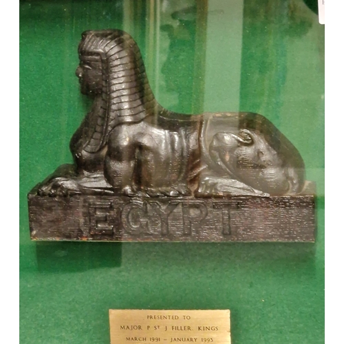 127A - Framed South Wales Borderers sphinx wooden relief, as presented to Major P St J Filler by Manchester... 