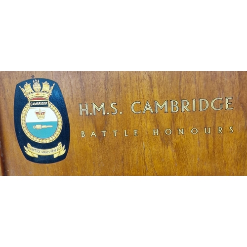 128A - Royal Naval Battle Honours board for HMS Cambridge, with crest. 126x76cm approx.   (B.P. 21% + VAT)