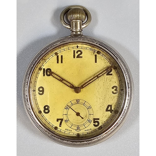 183 - British Military white metal top wind pocket watch with GS/TP and Crow's Foot mark to back, numbered... 