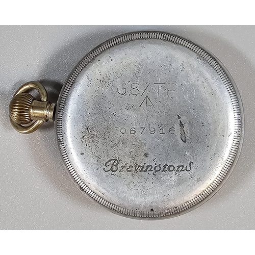 183 - British Military white metal top wind pocket watch with GS/TP and Crow's Foot mark to back, numbered... 