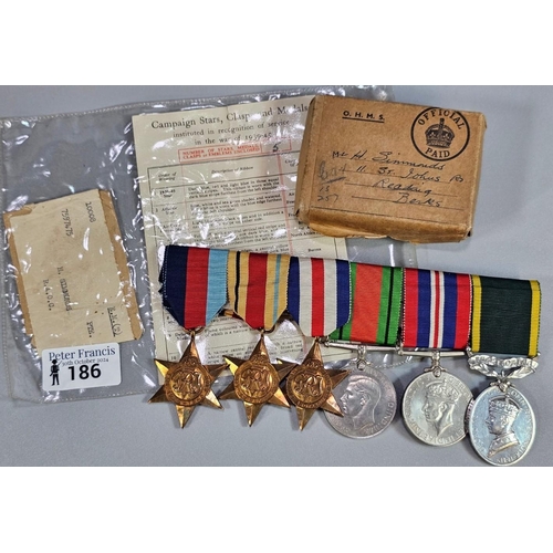 186 - WWII Medal group awarded to 7597475 H Simmonds Royal Army Ordnance Corp to include: 1939-45 War Meda... 